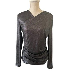 ELIE TAHARI Size M Gunmetal‎ Shimmer Gray Ruched Long Sleeve V-Neck Blouse